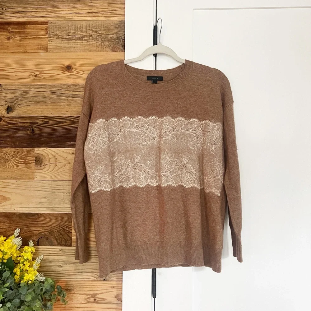 J.Crew Needle Punch Lace Panel Camel Sweater Small Wool Blend